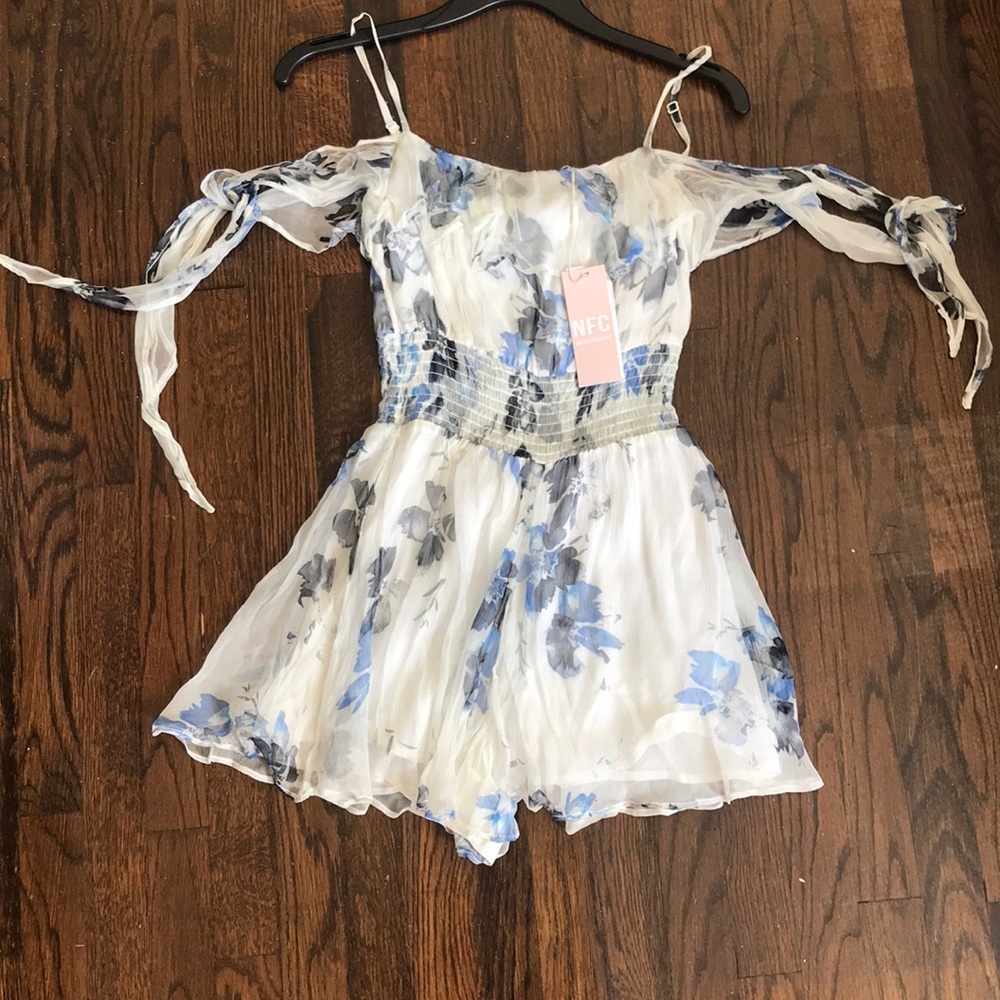Blue and white floral romper
